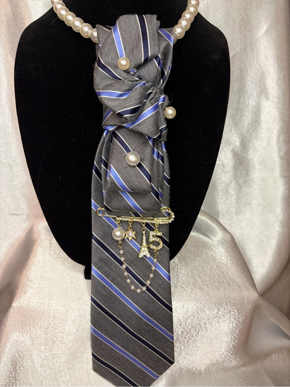 Jones New York Gray and Blue Striped Silk Tie Scarf with Pearl Accents